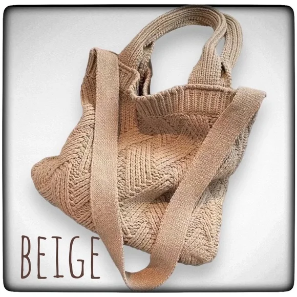 NEW Bohemian Soft Knit Handbag w/ shoulder strap Versatile Foldable Color KHAKI - Picture 3 of 6